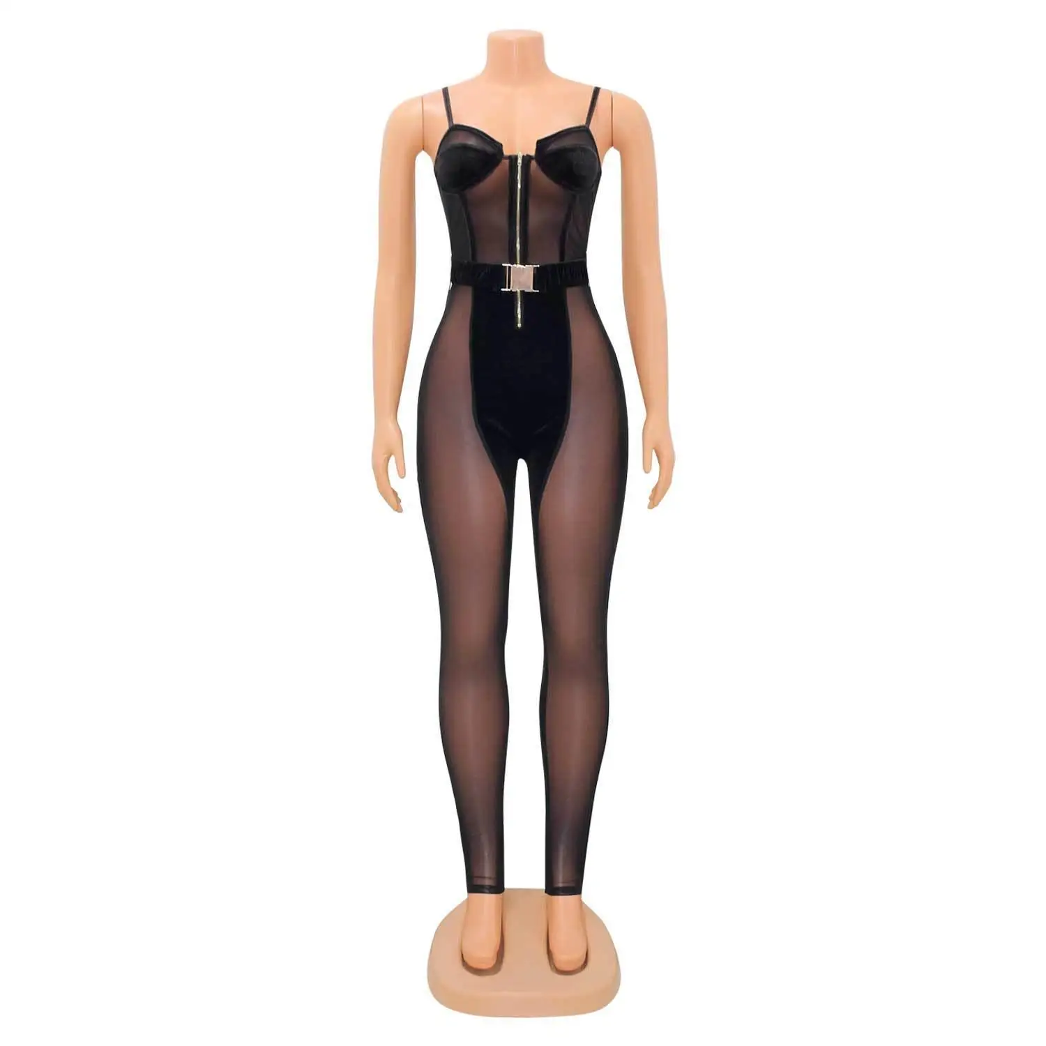 Mesh Velvet Sexy Jumpsuits Women Fashion Clothes 2022 One Piece Solid Sleeveless Bodycon Clubwear Patchwork Jumpsuit Bodysuits