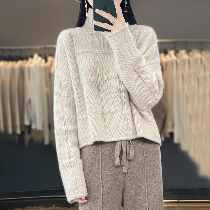 

New Autumn and Winter Turtleneck 100% Pure Cashmere Sweater Women's Round Neck Loose Pullover With Knitted Woolen Bottoms