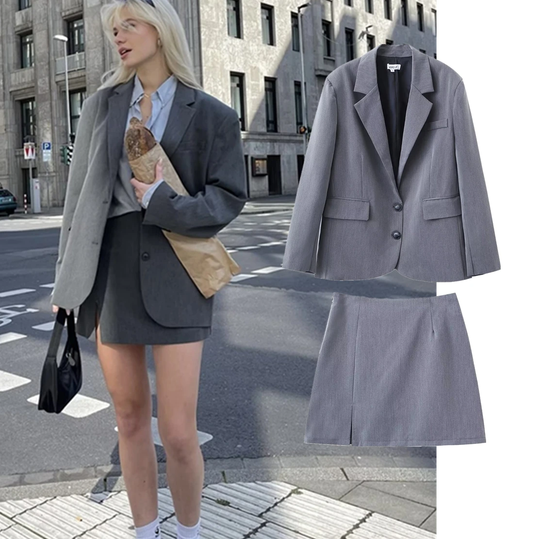 

Dave&Di High Waist A-line Mini Ins Fashion Blogger Vintage Loose Skirts Women Grey Color Blazers Two Pieces Sets