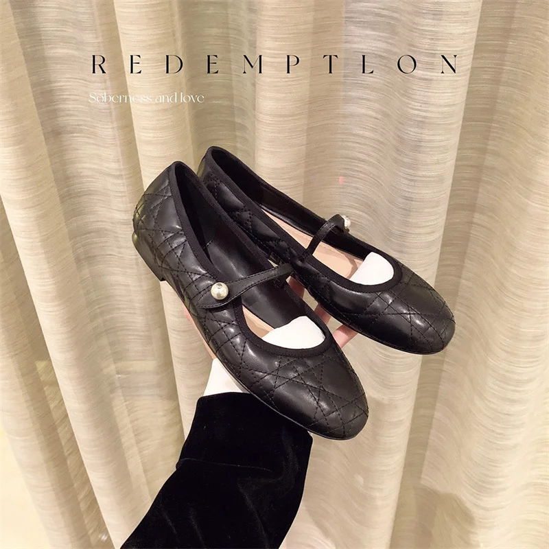 MARY JANES DRESS Women's Flats New Model ~temperament Soft Leather Diamond Grid Pearl Buckle Strap Single Shoe Woman Shoe 4