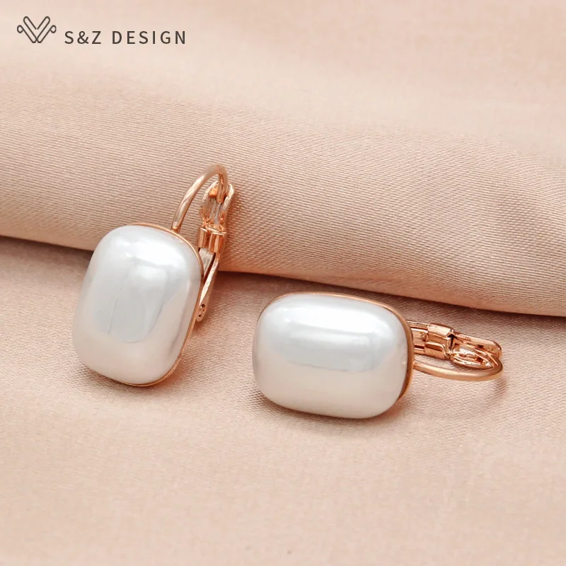 S&Z DESIGN New Fashion Elegant 585 Rose Gold Color Rectangle Simulated-pearl Dangle Earrings For Women Wedding Eardrop Jewelry