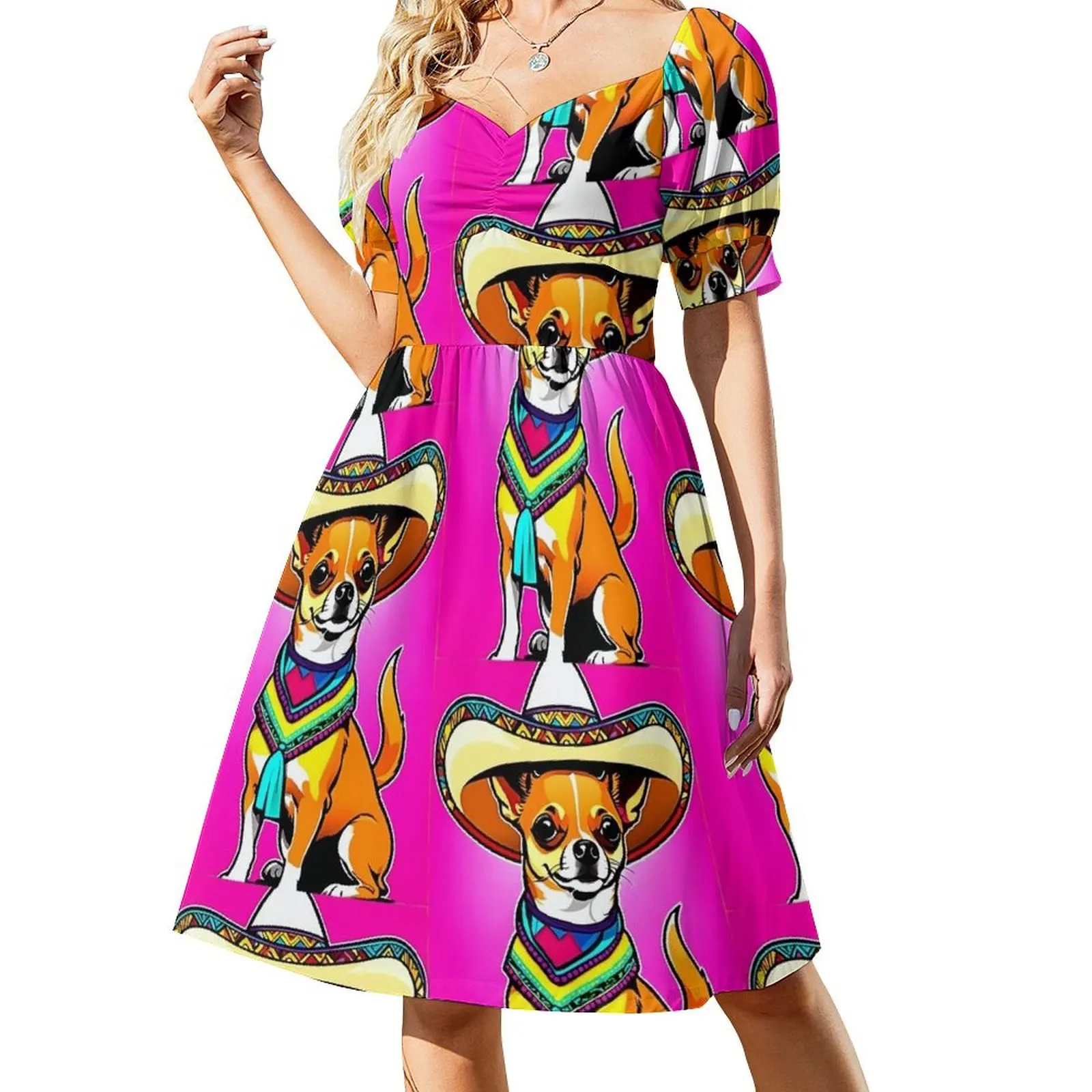 thumbnail image 1 of Vestido de manga corta con estampado de perro chihuahua #tacobell, elegante y chic para damas, ideal para el verano., 1 of 7