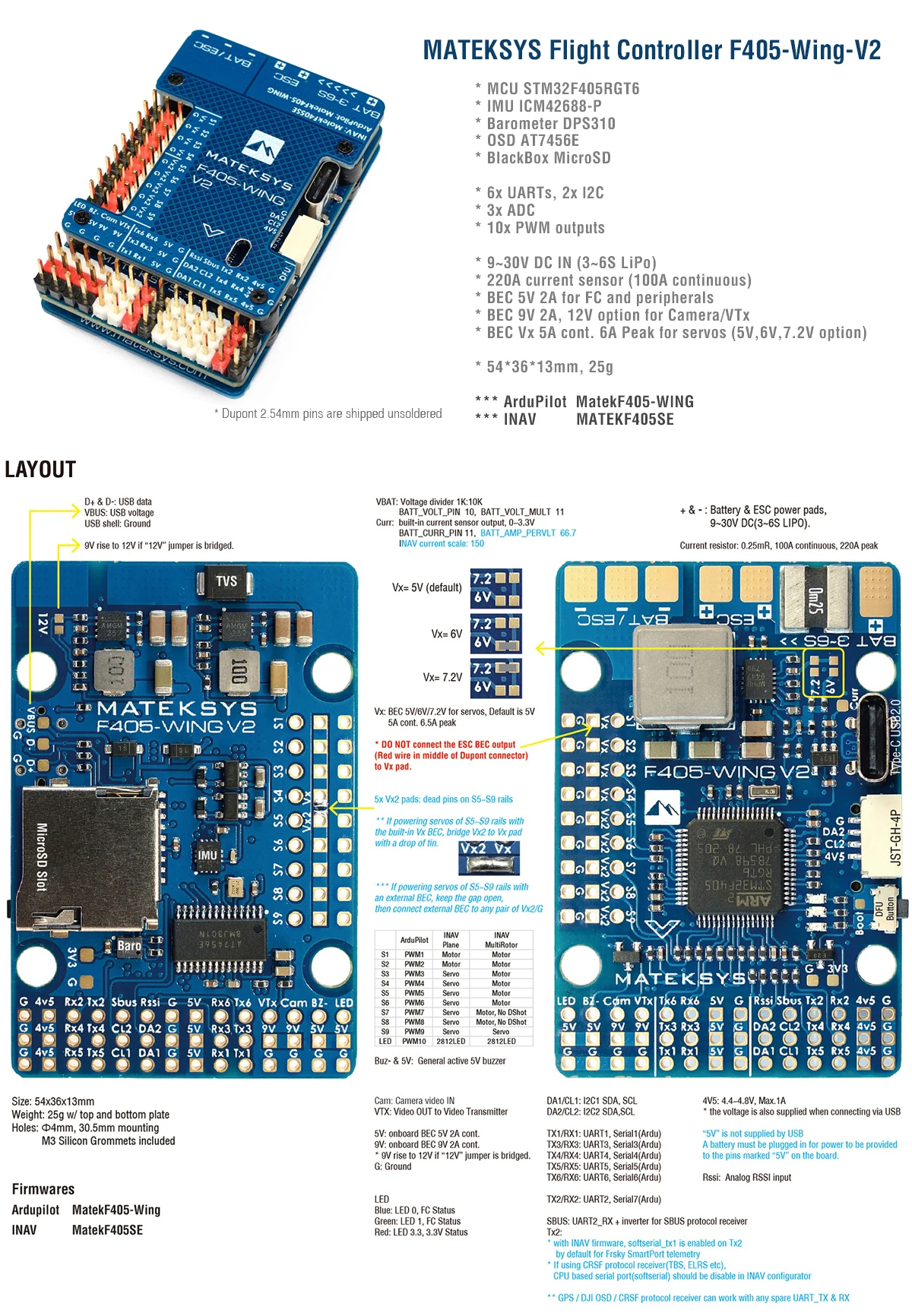Matek Mateksys F405-Wing-V2 F405 Wing 3-6S Flight Controller – Detail 2