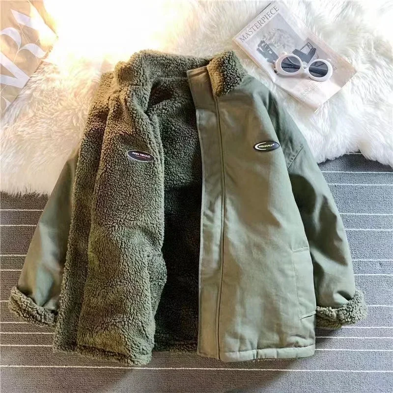 

2024 autumn and winter new Korean fashion lamb wool cotton-padded jacket double collar coat couple loose Joker coat warm coat