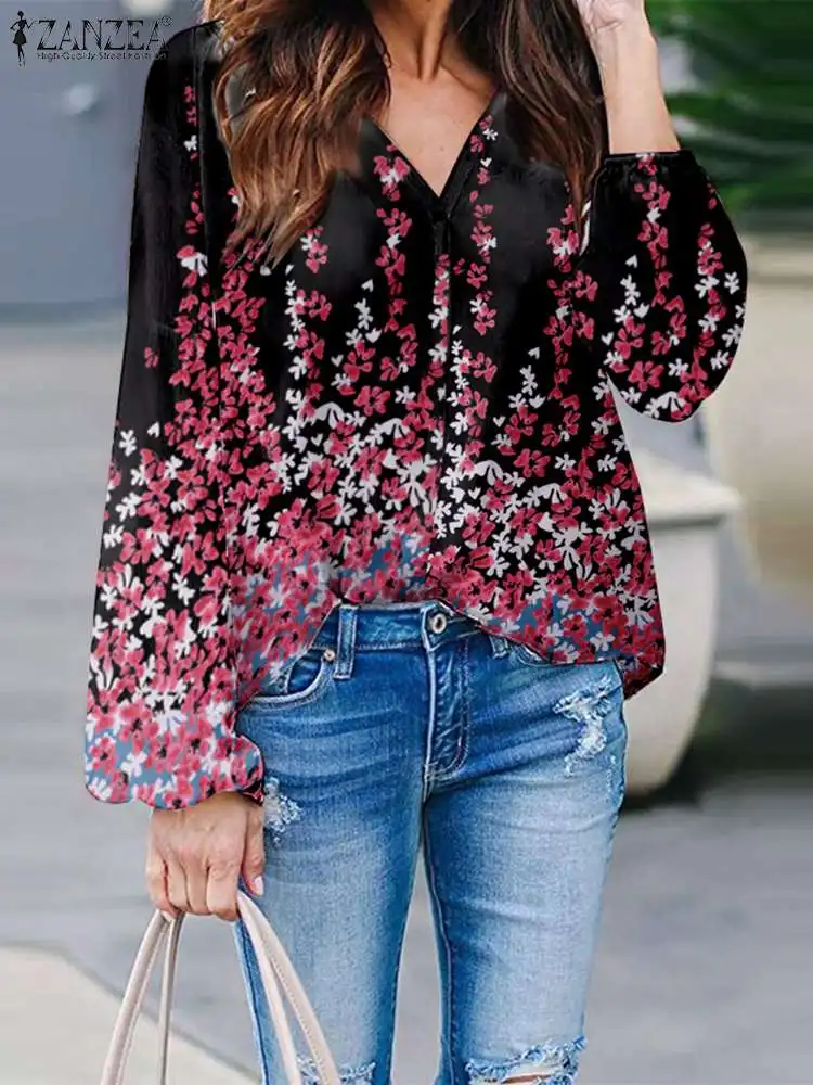

Fashion Women Shirt ZANZEA Bohemian Floral Printed Long Puff Sleeve Chemise Summer 2023 Holiday V neck Chic Tops Oversize Tunics