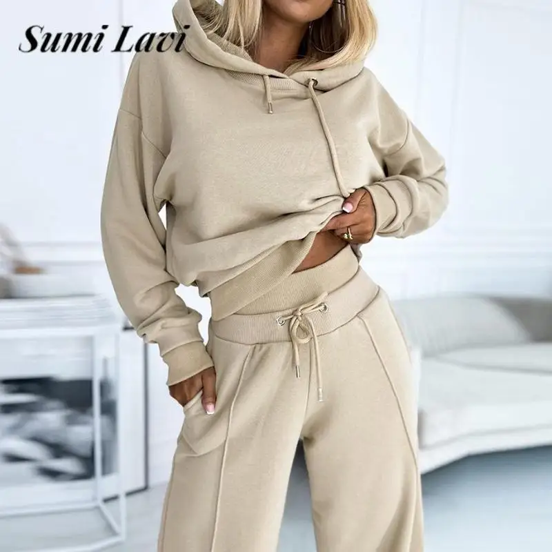 

Fashion Contrast Color High Waist Straight Pants 2pcs Set Autumn Winter Women Hooded Sweatshirt Set Casual Hoodie and Pants Set