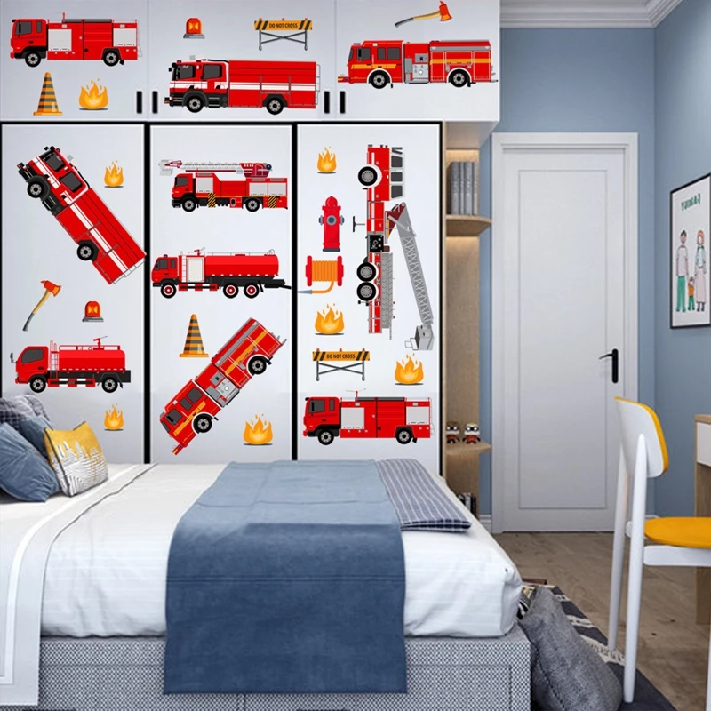 Cartoon Fire Truck Wall Decor Decals for Kids Room Playroom Bedroom