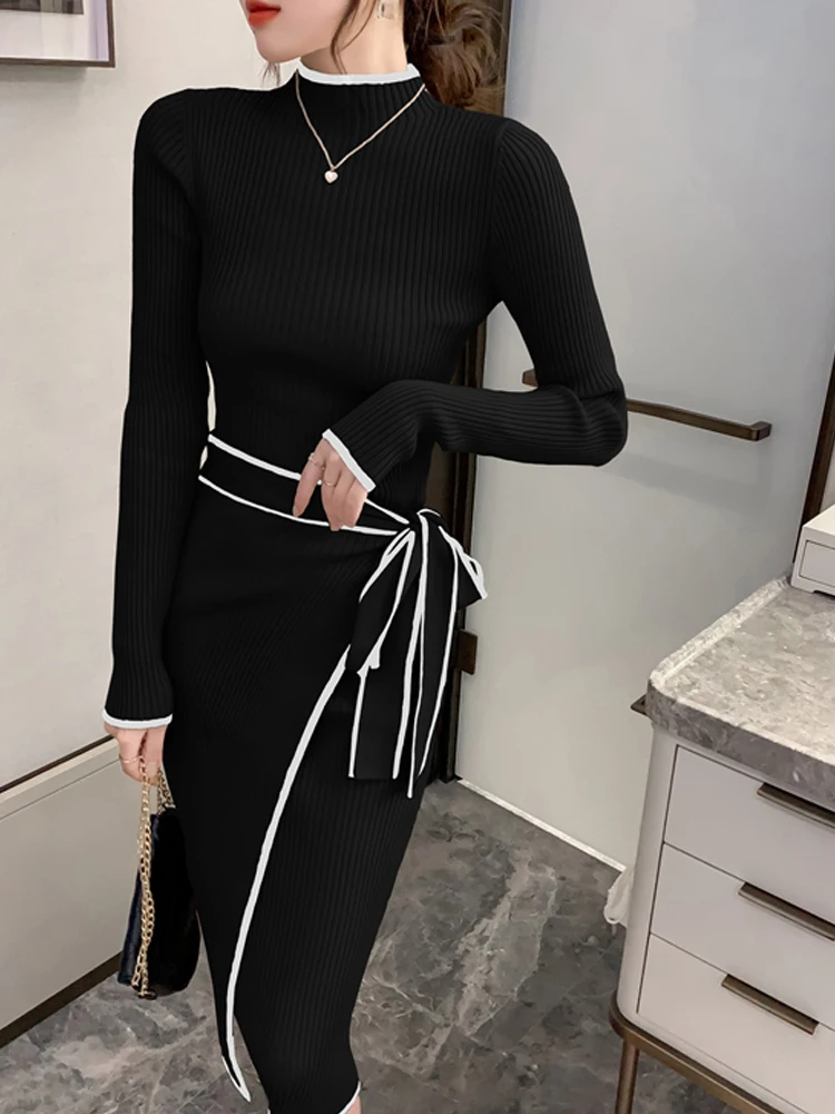 Women Knitted Dress New Autumn Winter Slim Lace-Up Long Sleeve Bottoming Sweater Skirt Elegant Fashion Office Female Vestidos images - 6