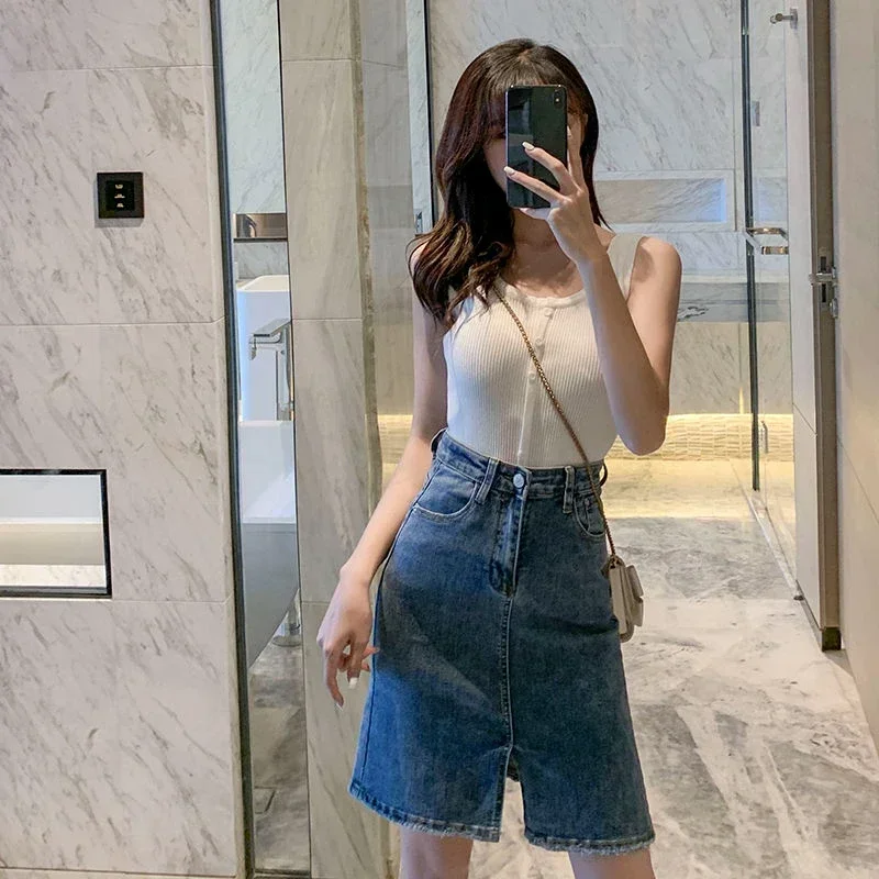 Chubby Female Jeans Skirts To Knees Length High Waist Blue Midi