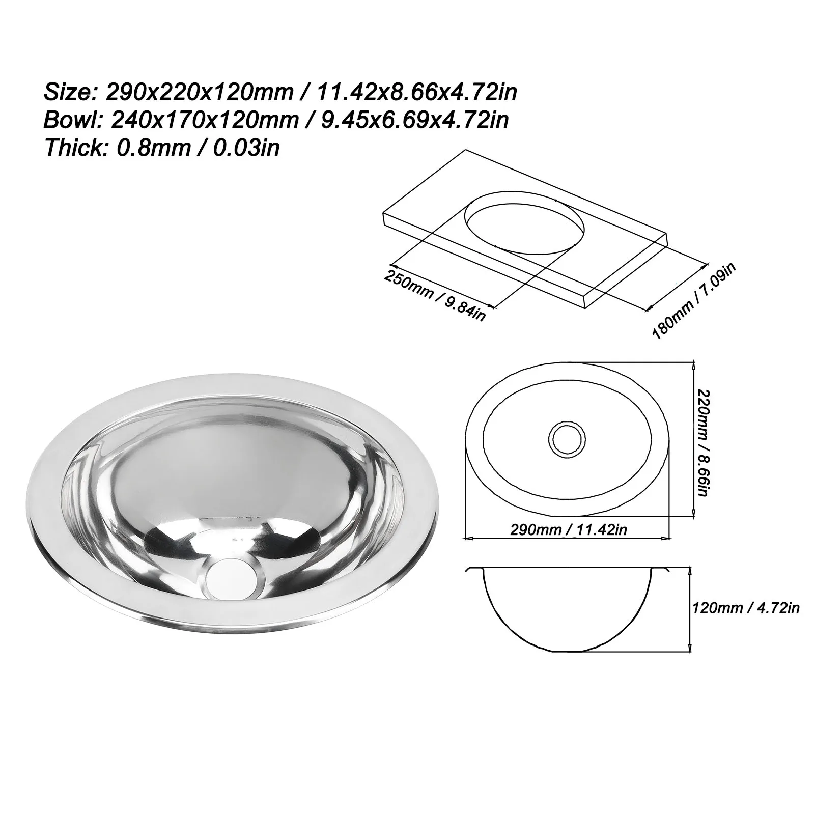 Stainless Steel Round Sink Flush Mounting for Boat RV Bathroom