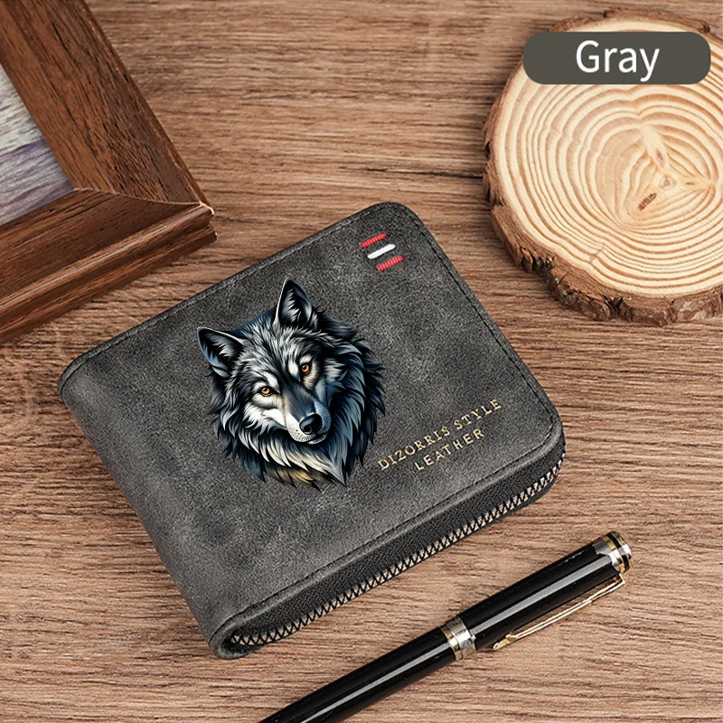 1 Stück Herren-Geldbörse mit Wolf-Print, kurze Geldbörse mit Reißverschluss, schlanke klassische Geldbörse mit Münzfach, Kartenhalter, mattiertes Leder, Geschenk – Detail 8