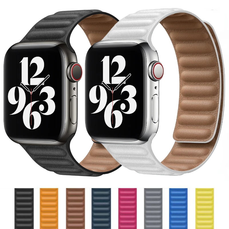 Bracelet À Maillons En Cuir Pour Apple Watch Ultra 49Mm 8 7 6 5 4 Se, Bande 45Mm 41Mm 40Mm 44Mm, Magnétique D'Origine Pour Iwatch 38Mm 42Mm