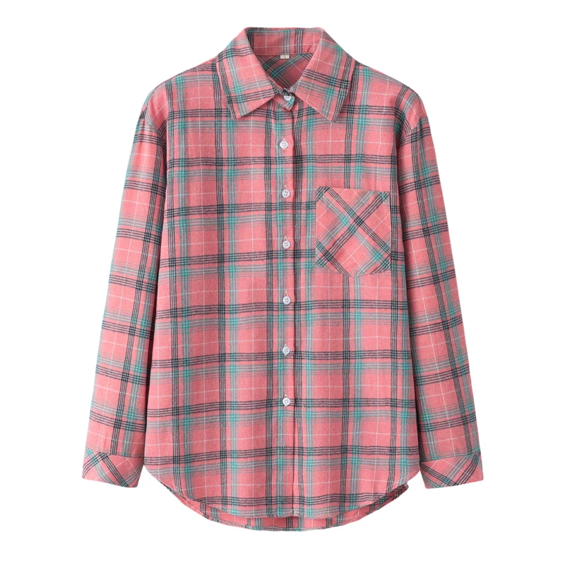 

2023 New Casual Women Plaid Shirts Loose Design Womens Blouses and Tops College Style Female Long Sleeve Shirt Checked Clothes