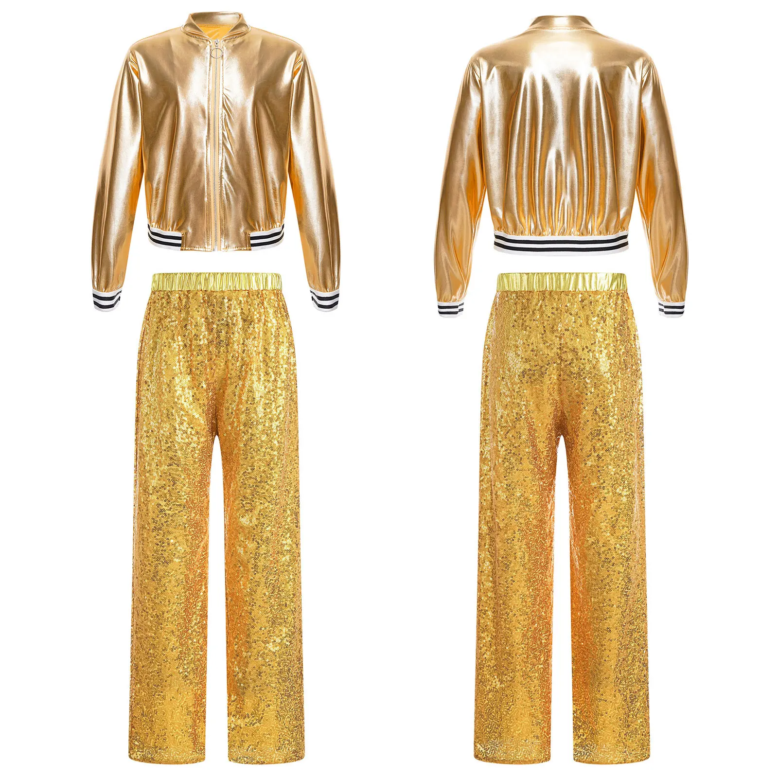 Kids Girls Jazz Dance Metallic Zipper Long Sleeve Jacket with Sparkling Sequin Pants for Party Stage Performance School Show