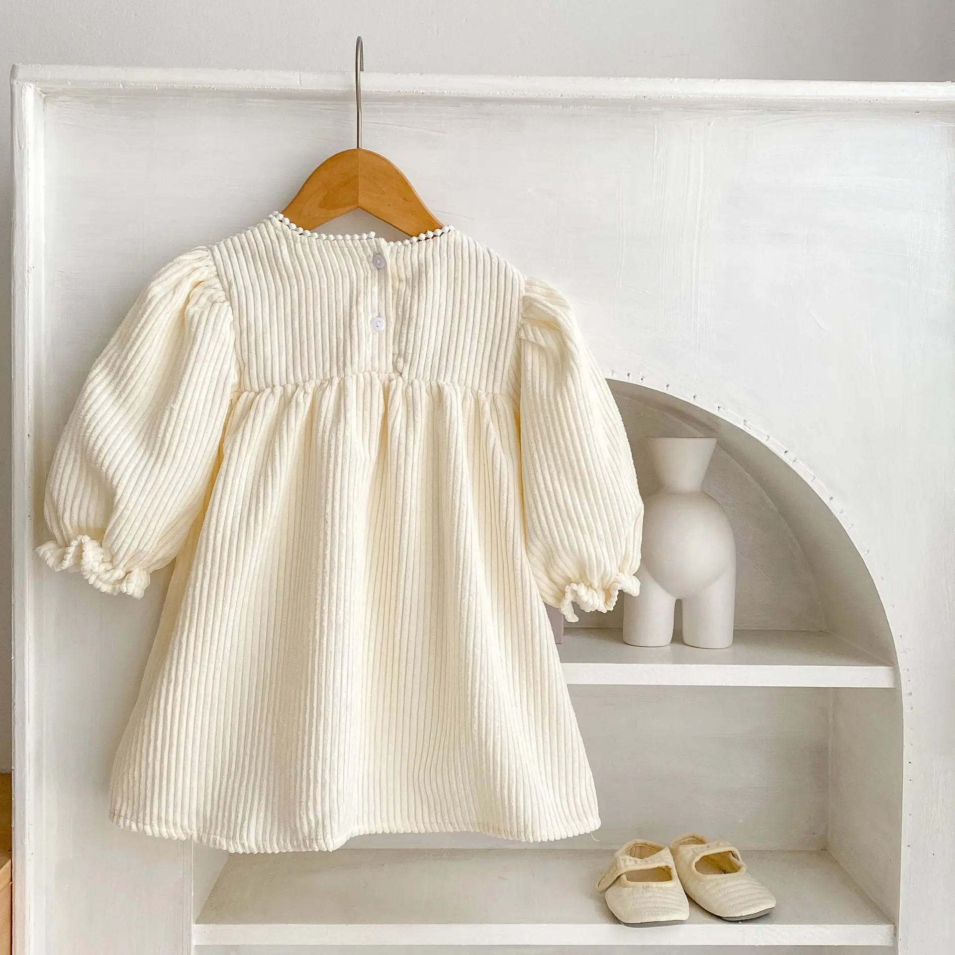 Spring Baby Girl Dress Infant Clothing Autumn Children Embroidered Lace Collar Bubble Long Sleeve Pit Striped Ladies Style Dress girls dress