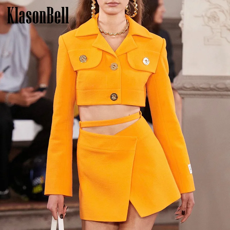 

12.15 KlasonBell Early Spring Runway Fashion Lapel Collar Gold Button Short Jacket Or Belt Hook Split Mini Skirt Set Women