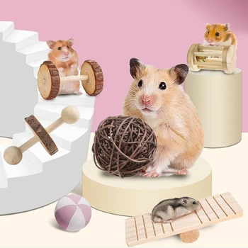 Small Pet Wooden Toy Set – Hamster Roller, Chew Dumbbells & Bell 1