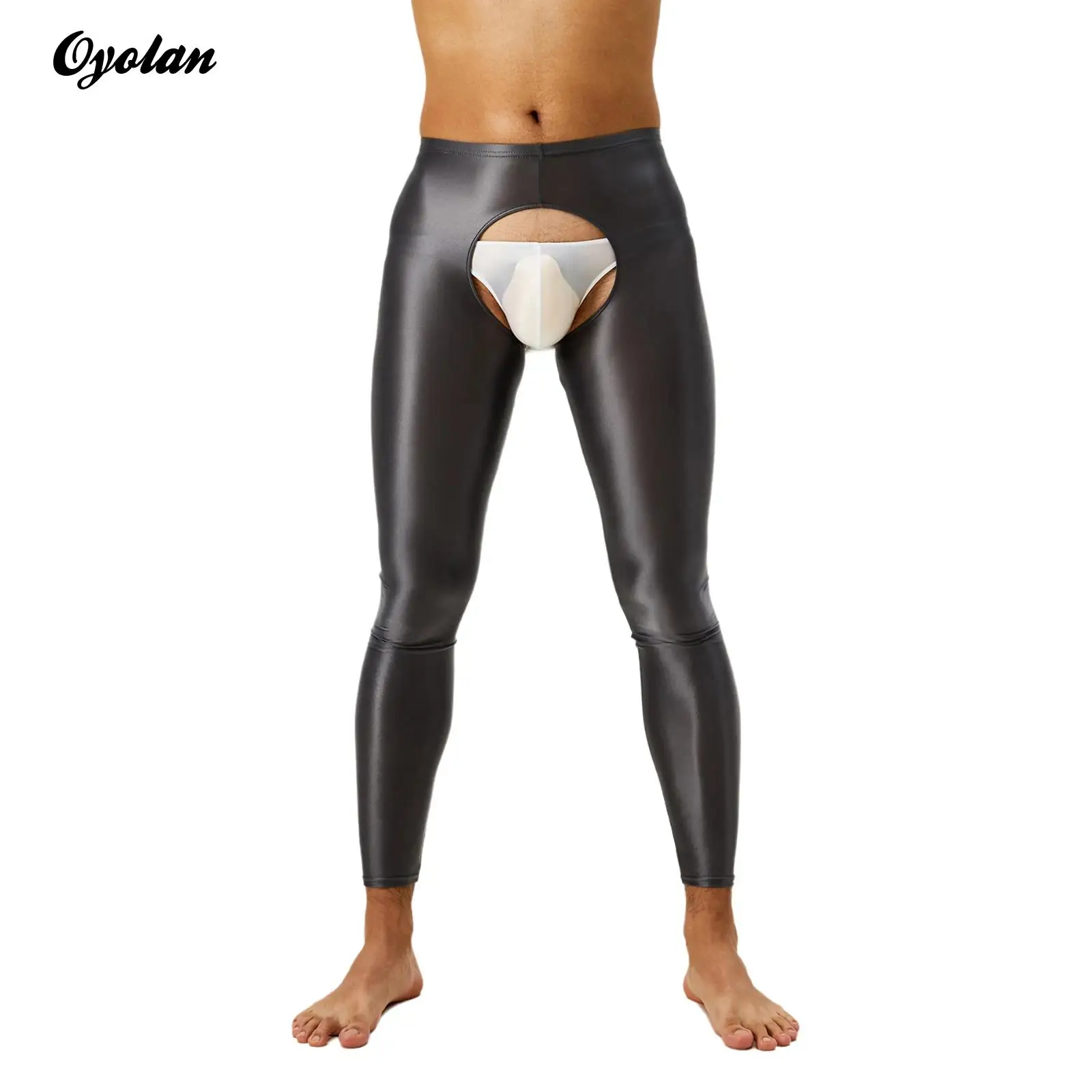 Mens Lingerie Tights Exotic Pants Glossy Open Crotch Leggings High Waist Underwear Baselayer Yoga
