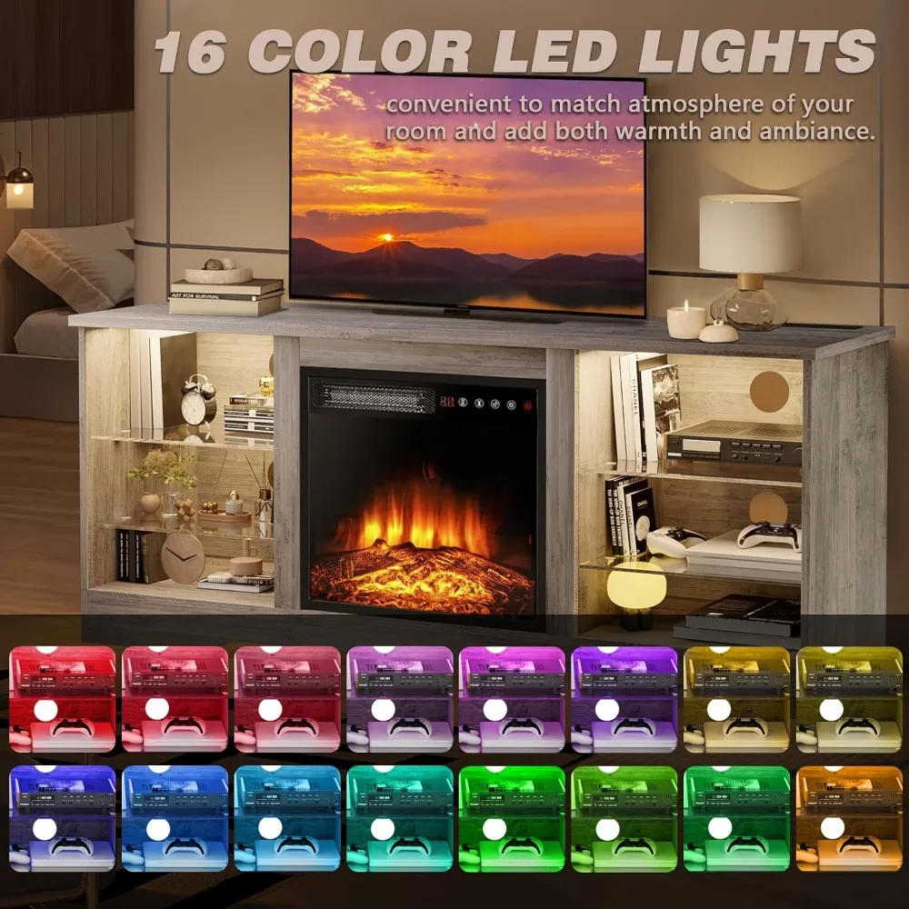 58 Inches Fireplace TV Stand for TVs up to 65 Inches Console with 18'' Electric Fireplace & Remote, Wooden Modern Entertainment 4