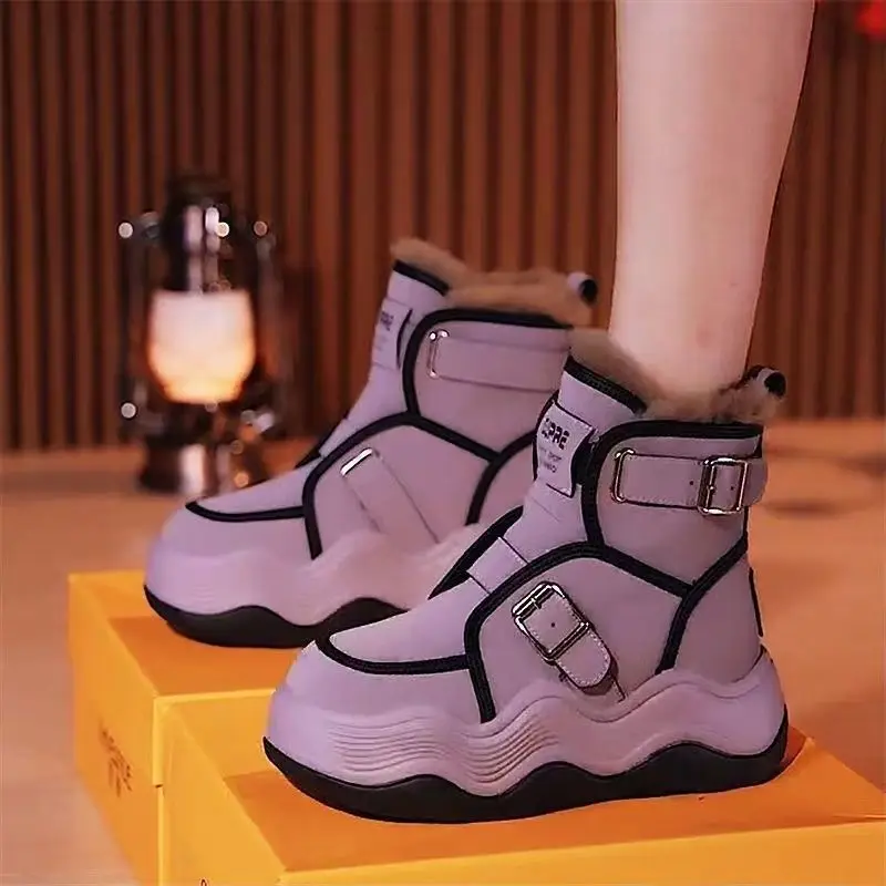 

PU Plush Padded Snow Boots Woman 2023 New Chunky Winter Shoes for Women Cotton Female Warm Fashion Ankle Lace Up Casual Booties