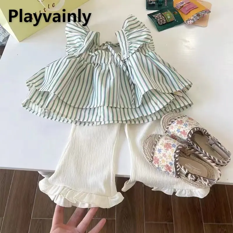 

New Summer Baby Girl Set Vertical Stripe Square Collar Flare Sleeve Top + Agaric Edge Flare Pants Fashion Infant Clothes E23065