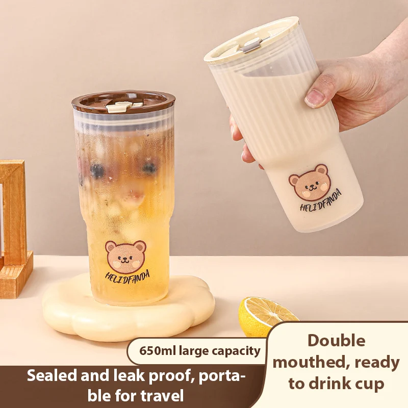 

650ml Transparent Plastic Tumbler with Straw Portable Cute Coffee Cup Large Capacity Water Bottle Outdoor Camping Bottles