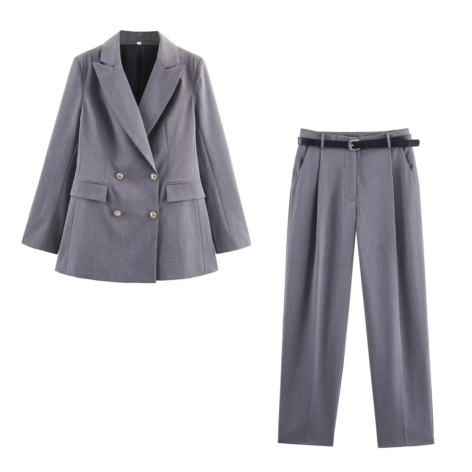 HH Frau Frühling Mode Lange Ärmel Zweireiher Tasche Dekoration Blazer + Hose Weibliche Casual Pendeln Zwei Stück Set – Detail 3