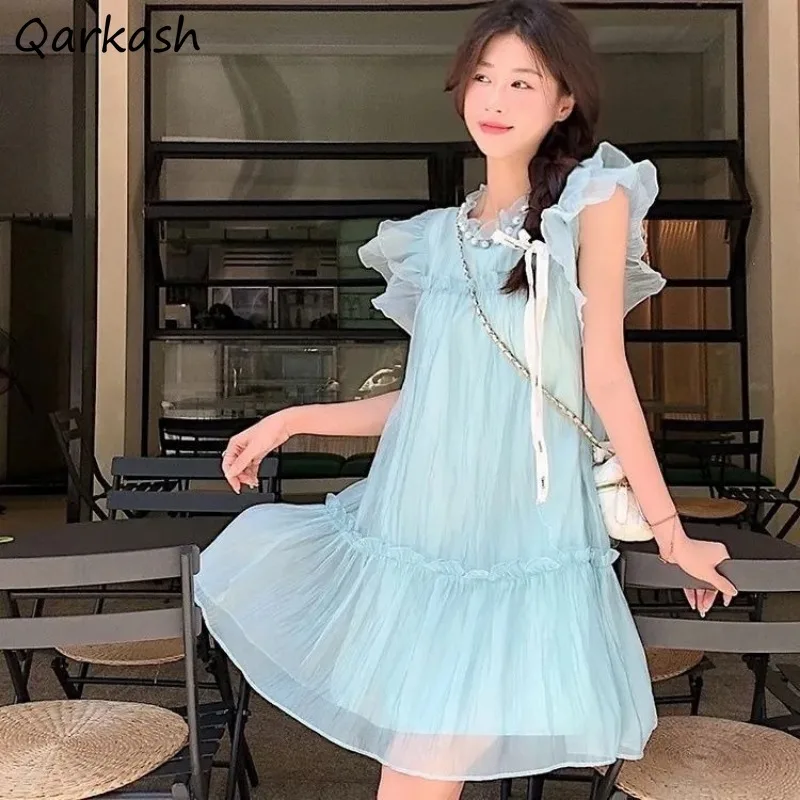 

Dresses Women Mini Flying Sleeve Solid Folds Korean Fashion Fairycore Summer Sweet Loose Leisure Holiday Girlish Princess Ins