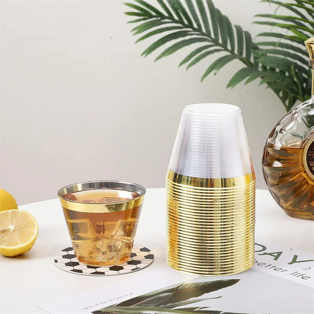 

25pcs Disposable Cups Gold Stamping Stackable Plastic Cup Drinking Utensils Cup For Household Wedding Party Festival Wine Mugs