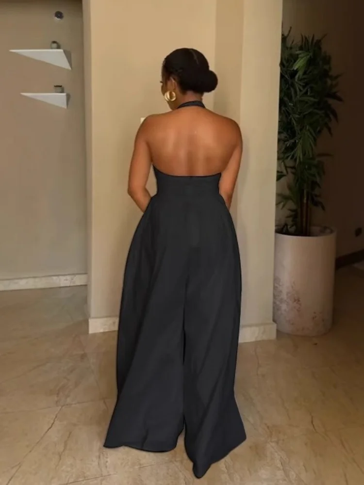 Wmstar Jumpsuit Women 2025 Wholesale Elegant Halterneck V Neck Backless Bodycon Solid Color Wide Leg Romper Drop Shopping