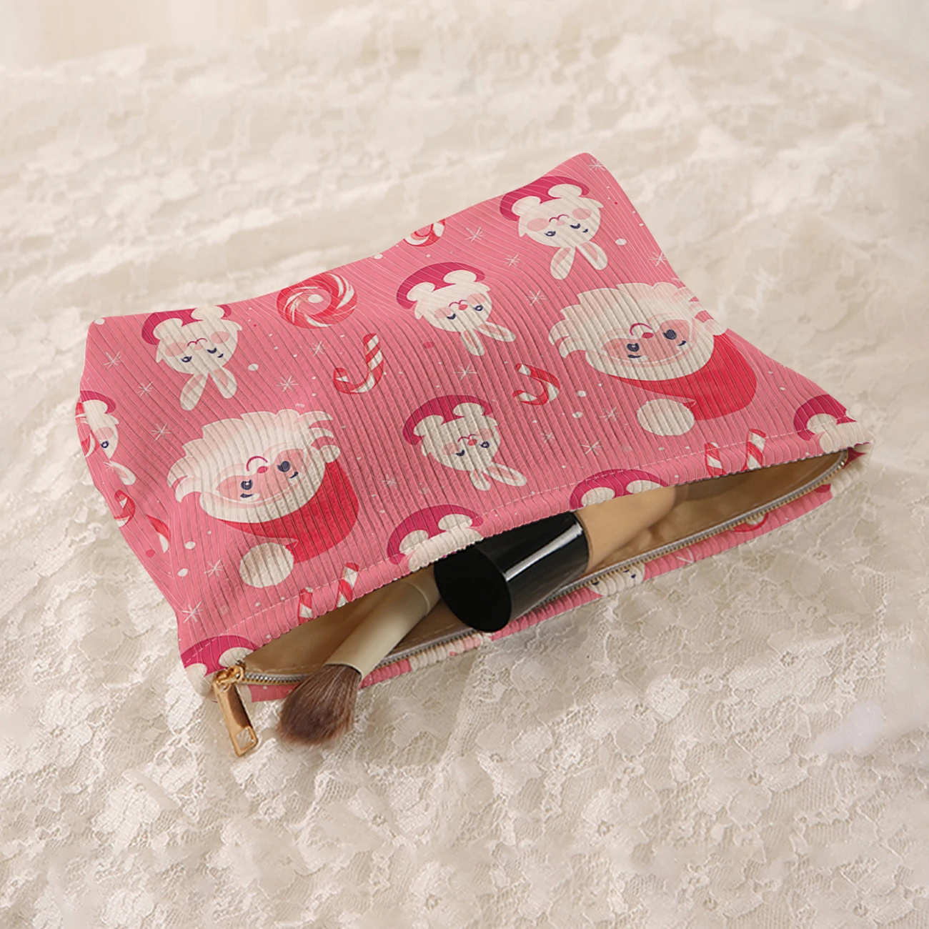 1 Christmas themed corduroy makeup bag, lightweight zipper makeup storage box, multifunctional bag with lining
