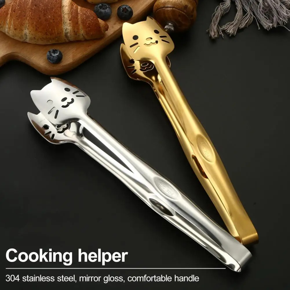 

Food Tong Cute Cat Head Shape Stainless Steel Food Clip Non-Slip Long Handle Baking Clamp For BBQ Kitchen