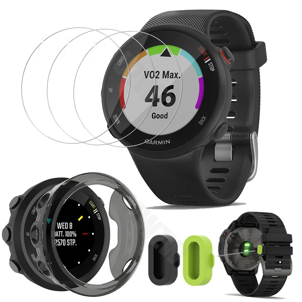 

(3 + 2 + 1) для Garmin Forerunner 45s (3 шт.) защита экрана из закаленного стекла и (2 шт.) Пылезащитная заглушка и (1 шт.) защитный чехол