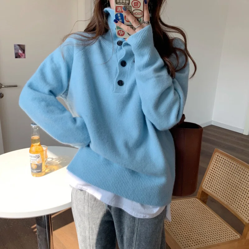 

Korean Loose Button Turtleneck Sweater Pullover Women 2023 Autumn Winter Fashion Knitted Pullovers Female Thick Warm Jumper Tops
