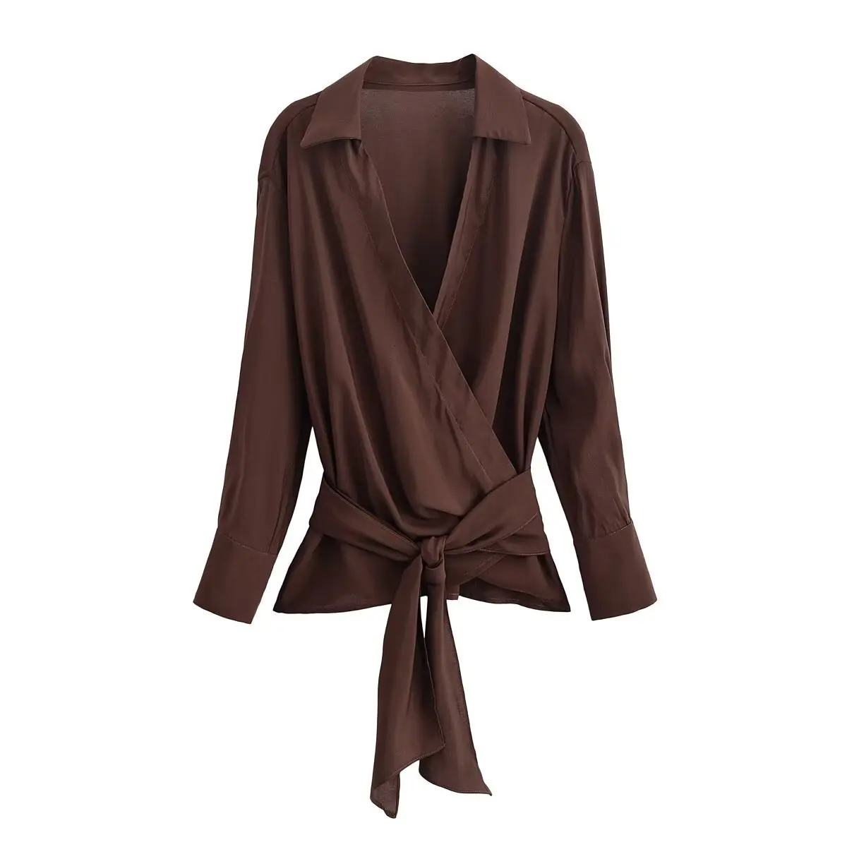 Chic Fashion Waist Tied Knot Brown Shirts for Women 2025 New Long Sleeve Casual Simple Woman Stripe Shirt And Blouse Tops