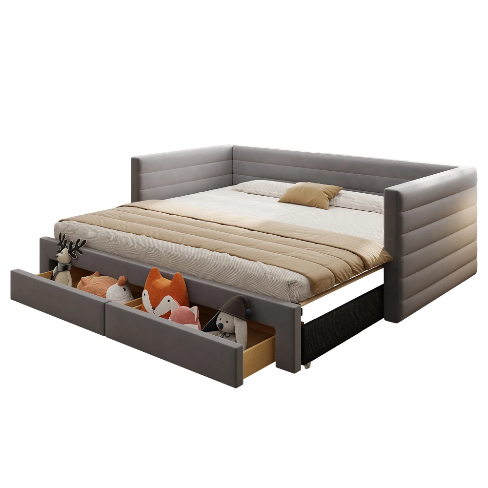 90x190cm Polsterbett, 3-in-1 Ausziehbares Schlafsofa, Multifunktionsbett, mit Schubladen und Gitter, Baumwolle und Leinen, ohne Matratze – Detail 30