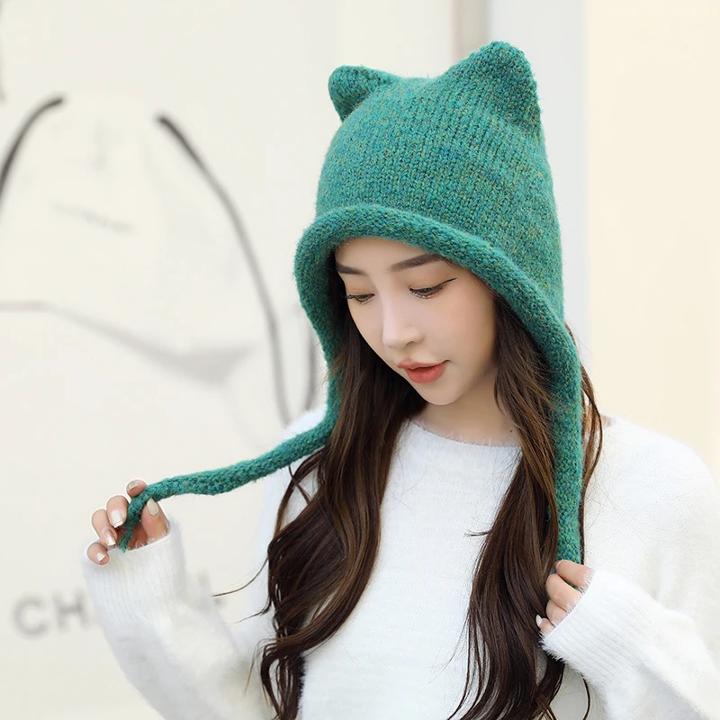 Pure Color Cat Ears Pigtail Knitting Cap Winter Outdoor Warm Cute Wrap Head Wool Cap Cold Hat