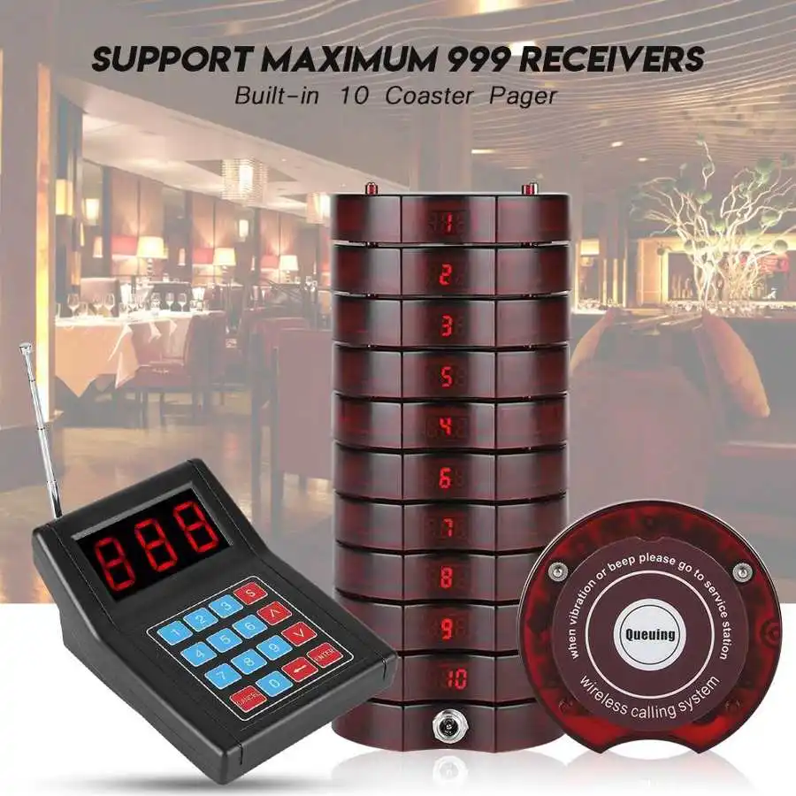 SU-668 Pager Queue Calling System Wireless Meal Picker Calling Machine with 10 Coaster Buzzers for Restaurant Cafe Food Court