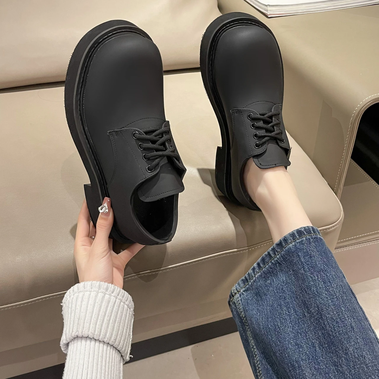 

Fashion Boots Black Pu Leather Sports Platform Casual Women Big Toe Lace Raised Low Heel Shoes Infused with Street Style Loafers