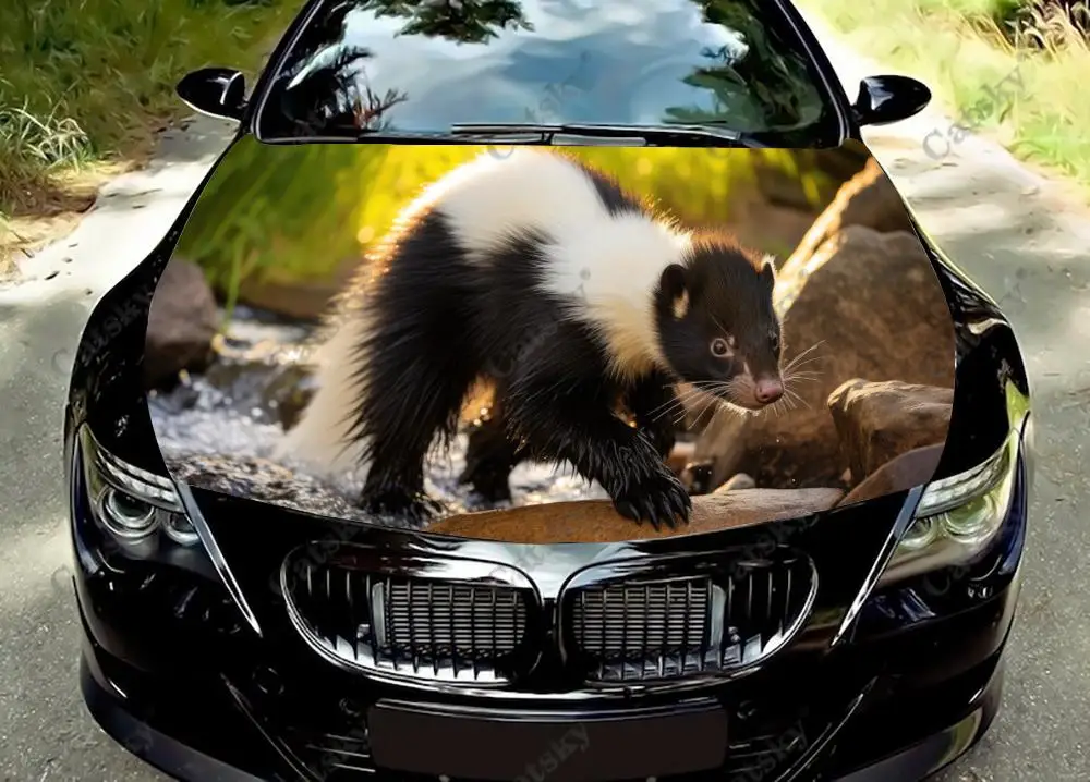 

Виниловые наклейки на капот автомобиля в виде животных Skunk, виниловая пленка, наклейки на крышку двигателя, универсальная защитная пленка на капот автомобиля
