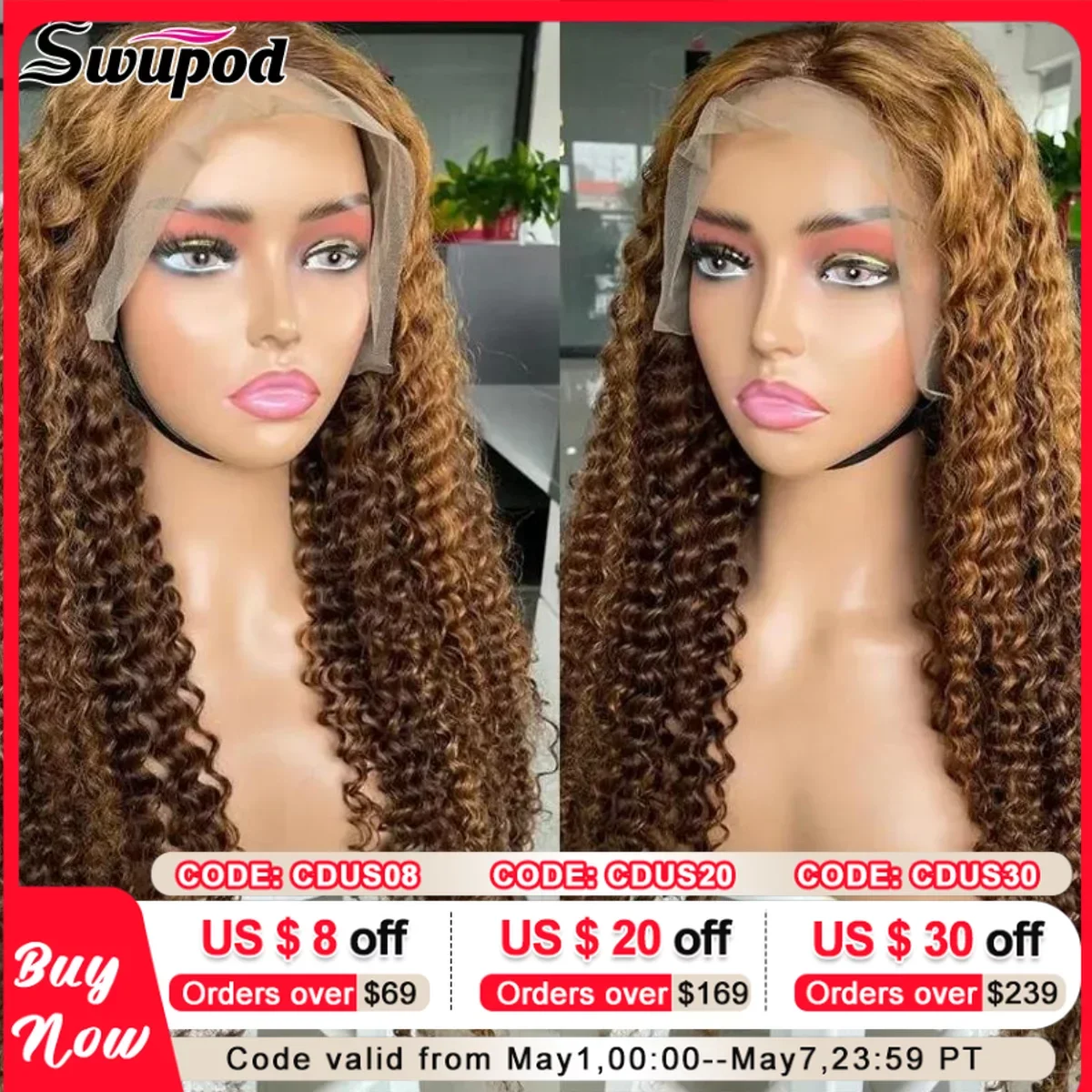 

Swupod 13x4 13x6 HD Lace Front Wig for Women Kinky Curly Deep Wave Remy Human Hair P4/27 Ombre Blonde Brown Highlight Glueless