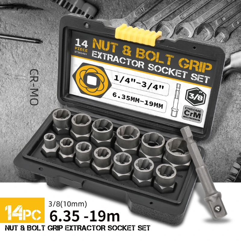

14pc Sleeve Damaged Screw Extractor Cr-Mo Steel Bolt Nut Remover Car Tool Kit Hand Tools 6.35 -19m for Removing Damaged Bolts