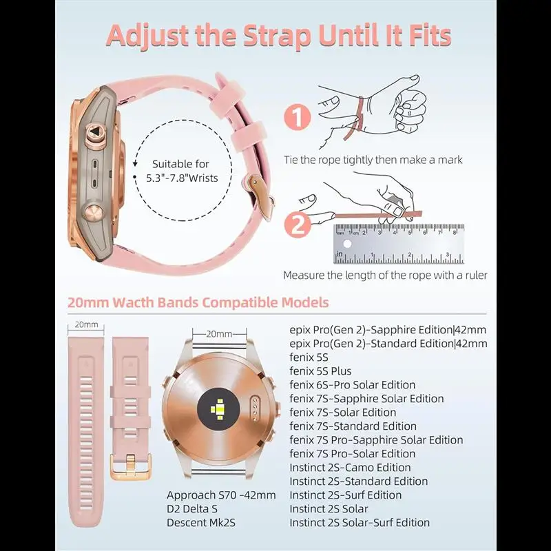 SCHIK 20mm Quick Replacement Soft Silicone Strap for Garmin fenix 5S/5S Plus/6S/7S/Instinct 2S/D2, with Rose Gold Buckle