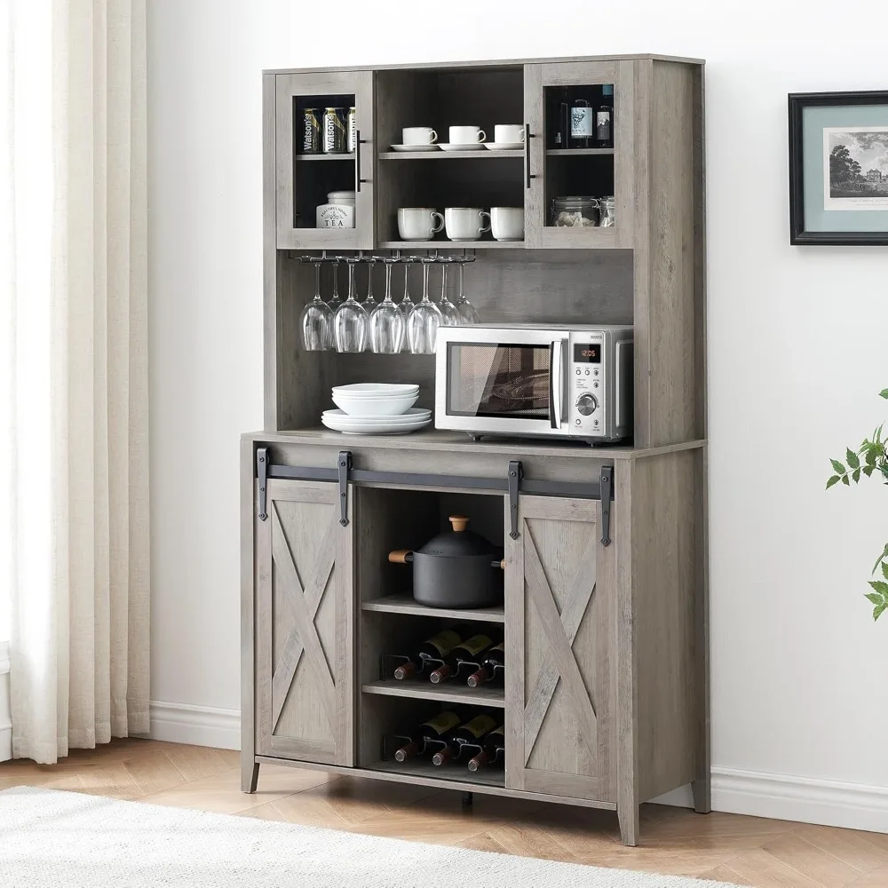 Farmhouse Coffee Bar Cabinet with Sliding Barn Door, 70" Tall Buffet Cabinet with Storage Shelves, Liquor Wine