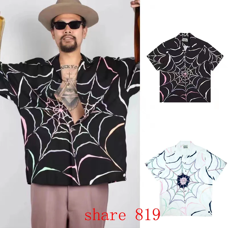 Hip Hop Spider Web Pattern Graphic Black White WACKO MARIA Short Shirt Summer Men Women Hawaii Beach Series Shirts Tops