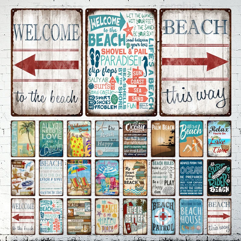 American Surf Rider Metal Sign Blue Ocean Metal Tin Poster Welcome Beach Classic Palm House Placca Piatti Bar Garage Home Decor