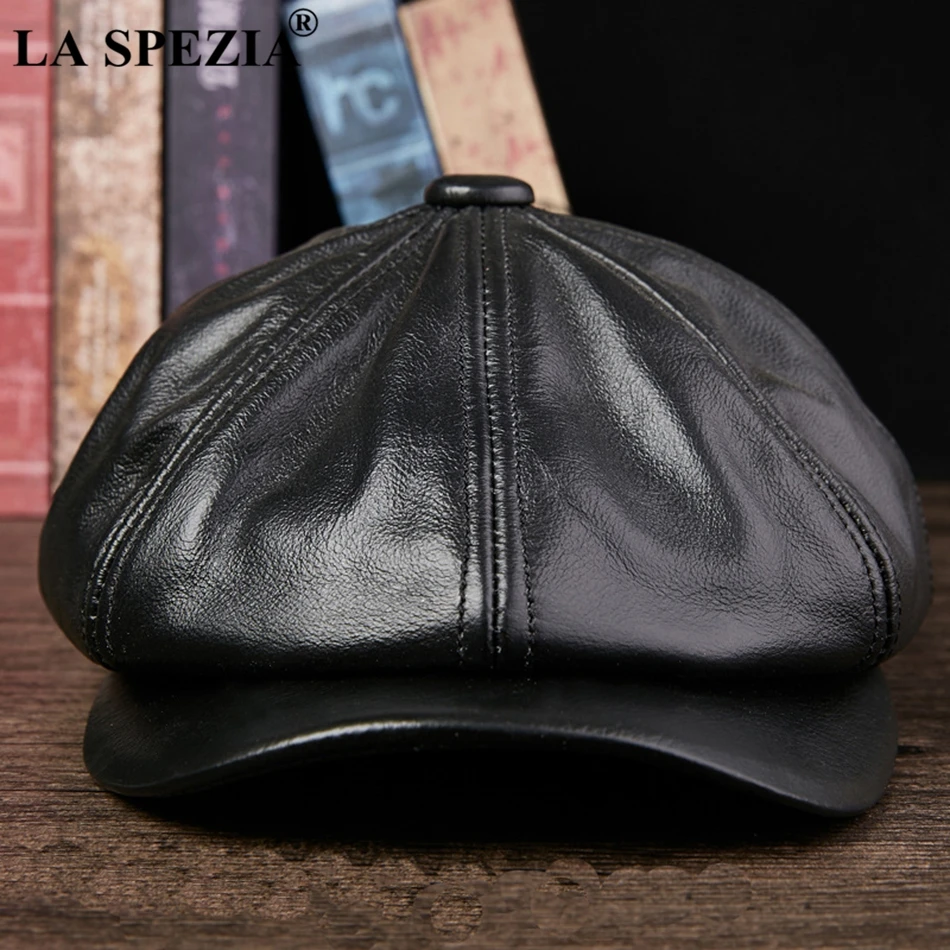 LA SPEZIA Black Newsboy Hats For Men Genuine Cowskin Leather Octagonal Cap Male Autumn Winter Fitted Vintage Duckbill Hats Beret 4