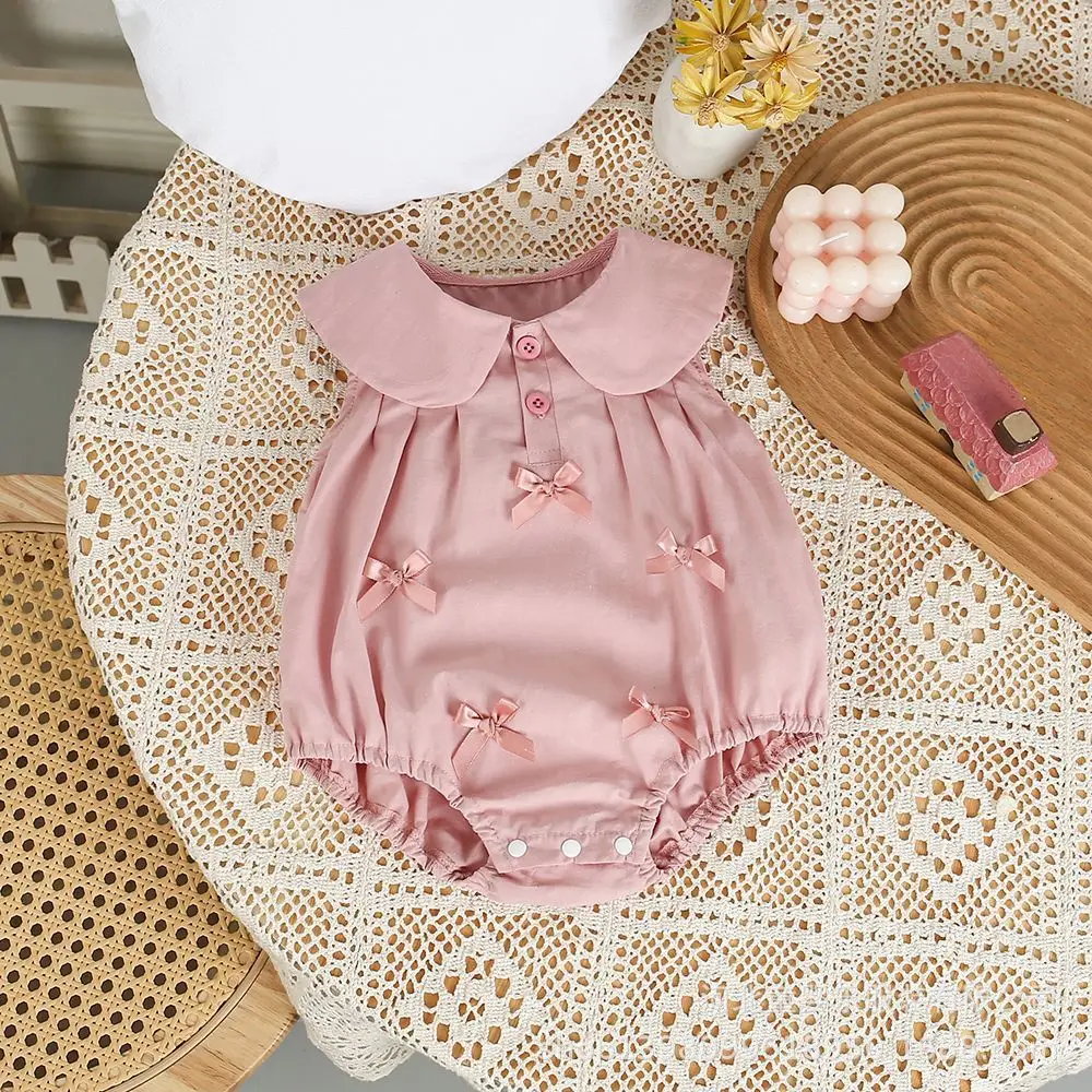 2025 Summer Baby Girls Bodysuit & One Piece Bow Decoration Girls Clothes Peter Pan Collar Infant Outfit