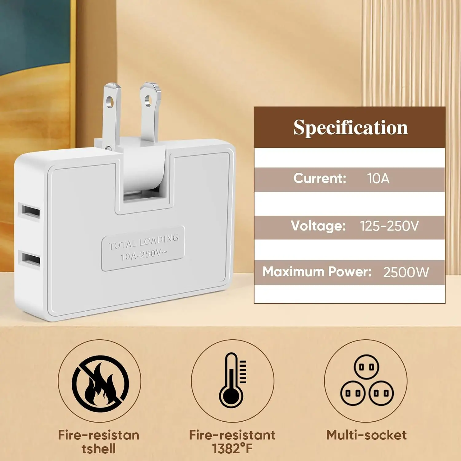 Plug Adapter Electrical Socket Power Socket Plug Outlet Extender Power Extension Plug Extension Sockets 3 Way Flat Outlet Extender US Extension Plugs Electrical Adapter 180&deg; Adjustable Phone Charger Converter Socket Home Travel