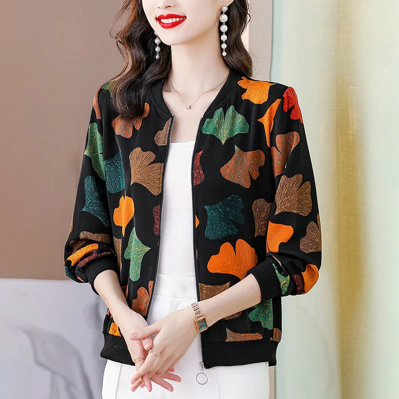 

Mom's Long Sleeve Sunscreen Top 2024 Spring/Summer Female New Jacquard Silk Short Coat Women Loose Baseball Suit Casual Jacket